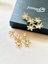 Starlight Cascade – Statement Floral Drop Earrings in Gold with Crystals