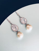LUCILLA - Dangle Teardrop Crystal and Pearl Earrings In Silver - JohnnyB Jewelry
