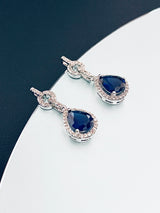 CAMILLA - Round CZ Detailed Sapphire Blue Teardrop Crystal Earrings In Silver - JohnnyB Jewelry