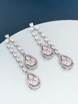 PAULINE - Long Double Teardrop CZ Crystal Earrings In Silver - JohnnyB Jewelry