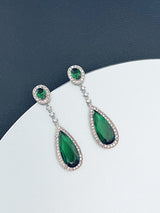 THEODORA - Long Dangle Teardrop CZ Crystal Earrings In Silver - JohnnyB Jewelry