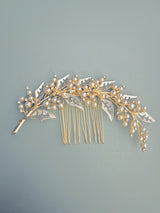 REBECCA - Silver Cut-Out Leaves With Pearl Hair Comb