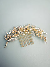 REBECCA - Silver Cut-Out Leaves With Pearl Hair Comb