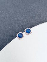 THAIS - Classic Round Sapphire Blue CZ Stud Earrings In Silver - JohnnyB Jewelry