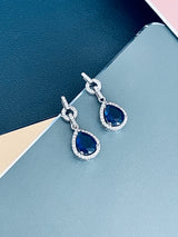 FERNANDA - 16.5" Glamorous Sapphire Blue CZ Necklace With Large Center Teardrop Stone Necklace In Silver - JohnnyB Jewelry