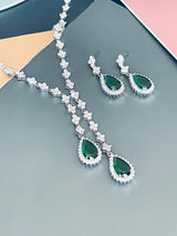 ORIANA - 17" Emerald Green Lariat-Look Necklace With Two Teardrop CZ Stones With Matching Drop Earrings In Silver - JohnnyB Jewelry