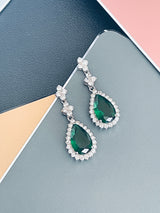 ORIANA - 17" Emerald Green Lariat-Look Necklace With Two Teardrop CZ Stones With Matching Drop Earrings In Silver - JohnnyB Jewelry