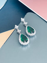 ORIANA - 17" Emerald Green Lariat-Look Necklace With Two Teardrop CZ Stones With Matching Drop Earrings In Silver - JohnnyB Jewelry