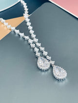 ORIANA - 17" Clear Lariat-Look Necklace With Two Teardrop CZ Stones With Matching Drop Earrings In Silver - JohnnyB Jewelry