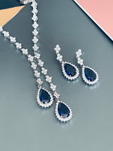 ORIANA - 17" Sapphire Blue Lariat-Look Necklace With Two Teardrop CZ Stones With Matching Drop Earrings In Silver - JohnnyB Jewelry