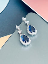 ORIANA - 17" Sapphire Blue Lariat-Look Necklace With Two Teardrop CZ Stones With Matching Drop Earrings In Silver - JohnnyB Jewelry