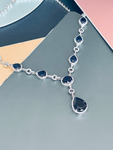 FERNANDA - 16.5" Glamorous Sapphire Blue CZ Necklace With Large Center Teardrop Stone Necklace In Silver - JohnnyB Jewelry