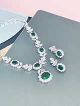 SUZANNA - 16.5" Emerald Green Oval CZ Necklace With Matching Dangle Drop Earrings In Silver - JohnnyB Jewelry
