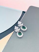 SUZANNA - 16.5" Emerald Green Oval CZ Necklace With Matching Dangle Drop Earrings In Silver - JohnnyB Jewelry