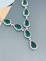 TZIPPORAH - 16" Glamorous Emerald Green CZ With Two-Teardrop Necklace In Silver - JohnnyB Jewelry