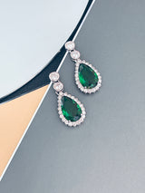 TZIPPORAH - 16" Glamorous Emerald Green CZ With Two-Teardrop Necklace In Silver - JohnnyB Jewelry