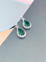 TZIPPORAH - 16" Glamorous Emerald Green CZ With Two-Teardrop Necklace In Silver - JohnnyB Jewelry
