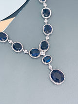 VIRGINIA - 16.5" Sapphire Blue Oval CZ Necklace And Matching Drop Earrings In Silver - JohnnyB Jewelry