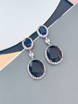 VIRGINIA - 16.5" Sapphire Blue Oval CZ Necklace And Matching Drop Earrings In Silver - JohnnyB Jewelry