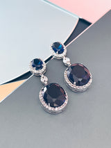VIRGINIA - 16.5" Sapphire Blue Oval CZ Necklace And Matching Drop Earrings In Silver - JohnnyB Jewelry
