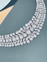 BERENICE - 15.5" Clear CZ Collar Necklace With Larger Square CZ Stones And Matching Earrings In Silver - JohnnyB Jewelry