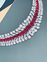BERENICE - 15.5" Red CZ Collar Necklace With Larger Square CZ Stones And Matching Earrings In Silver - JohnnyB Jewelry