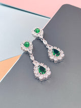 LILIANA - 15.5" Stunning Emerald Green Pear-Shaped CZ Choker Necklace With Matching Drop Earrings In Silver - JohnnyB Jewelry
