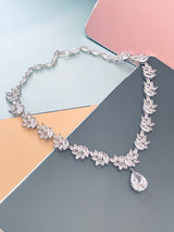 MARIANNA - 16" Embellished CZ Necklace With Teardrop Pendant And Matching Drop Earrings In Silver - JohnnyB Jewelry