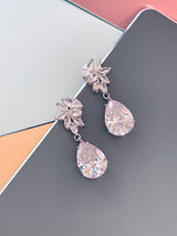 MARIANNA - 16" Embellished CZ Necklace With Teardrop Pendant And Matching Drop Earrings In Silver - JohnnyB Jewelry