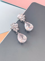 MARIANNA - 16" Embellished CZ Necklace With Teardrop Pendant And Matching Drop Earrings In Silver - JohnnyB Jewelry