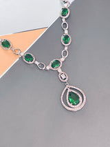 OCTAVIA - 16" Emerald Green CZ Teardrop Necklace With Matching Drop Earrings In Silver - JohnnyB Jewelry