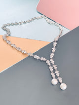 RACHAEL - 16" Elegant CZ Necklace With Two Drop Pearls And Matching Drop Earrings In Silver - JohnnyB Jewelry