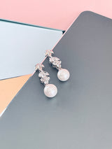 RACHAEL - 16" Elegant CZ Necklace With Two Drop Pearls And Matching Drop Earrings In Silver - JohnnyB Jewelry