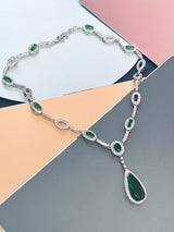 STEPHANIE - Emerald Green CZ Link Necklace With Large Teardrop Pendant And Matching Drop Earrings In Silver - JohnnyB Jewelry