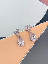 VALENTINA - 16.5" Sparkling CZ Necklace With Teardrop Pendant And Matching Drop Earrings In Silver - JohnnyB Jewelry