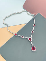GISELLE - 16.5" Red Oval CZ Necklace With Teardrop Pendant And Matching Earrings In Silver - JohnnyB Jewelry