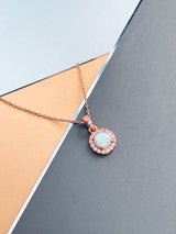 LILY - Delicate CZ-Surrounded Opal Pendant In Rose Gold - JohnnyB Jewelry