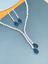 PAULINA - Delicate Lariat-look Necklace With Two Smaller Sapphire Blue Teardrop CZ Stones In Silver - JohnnyB Jewelry