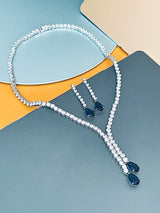 PAULINA - Delicate Lariat-look Necklace With Two Smaller Sapphire Blue Teardrop CZ Stones In Silver - JohnnyB Jewelry