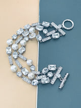BRYONIE - 7" Delicate Three-strand Freshwater Pearl And CZ Bracelet In Silver - JohnnyB Jewelry