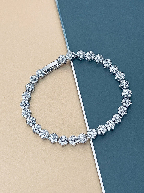JASMINE - 7" Links Of Flower-Shaped Round CZs Bracelet In Silver - JohnnyB Jewelry