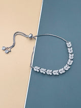 PAULETTE - Leaf-Patterned Marquise CZ Adjustable Bracelet In Silver - JohnnyB Jewelry