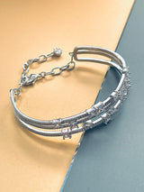 MERCEDES - Modern Cuff and Chain Bracelet With Three CZ Rows Bracelet In Silver