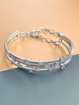 MERCEDES - Modern Cuff and Chain Bracelet With Three CZ Rows Bracelet In Silver