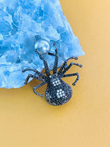MARGEURITE - Black-Yellow CZ Spider With Grey-Blue Pearl Brooch Pin In Black