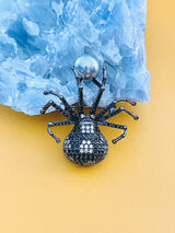MARGEURITE - Black-Yellow CZ Spider With Grey-Blue Pearl Brooch Pin In Black