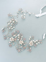 DANAE - Ribboned Hair Circlet With Pearl And Rhinestone Flowers In Silver
