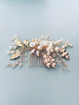ARIANA – Gold Leaves Flowers And Pearl And Crystal Sprays Hair Comb In Gold - JohnnyB Jewelry