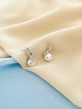 TANAYA - Modern CZ Pave Ribbon And Pearl Stud Earrings In Silver