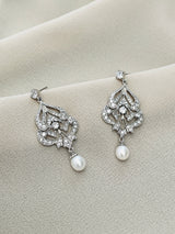 AUDREY - CZ Crystal And Freshwater Pearl Drop Earrings In Silver - JohnnyB Jewelry